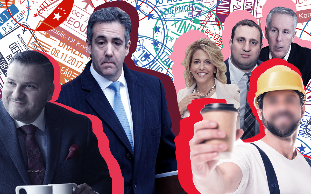 From left: Anthony Lolli, Michael Cohen, Pam Liebman, Michael Stern, Kevin Maloney and Coffee Boy #1 (Credit: Yitzi Weiner via Medium, Getty Images, and iStock) 
