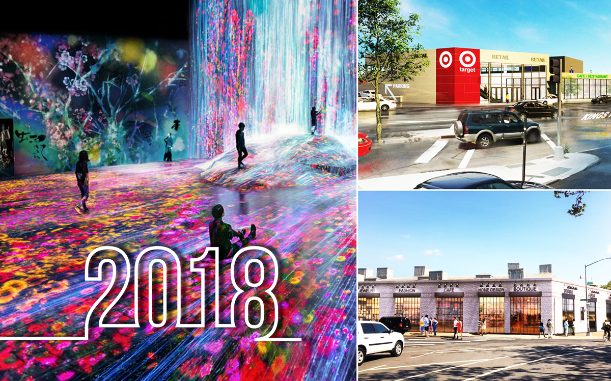 Clockwise from top left: art from TeamLab, 5200 Kings Highway in Marine Park, and a rendering of 1 Nassau Avenue in Greenpoint (Credit: TeamLab, Target, Cayuga Capital, and iStock)
