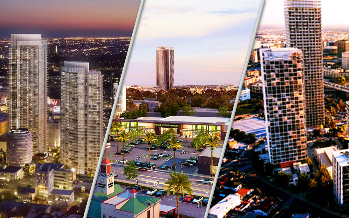 From left: The newly redesigned Hollywood Center, he 26-story project proposed for a site on Third and Fairfax streets, and A rendering of the 1111 Sunset (Credit: Skidmore, Owings &amp; Merrill, and Mid-City West Neighborhood Council)