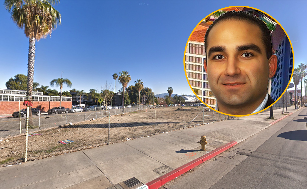 Pacific Star Capital CEO Aria Mehrabi and the development lot in Sherman Oaks seen from Ventura Boulevard