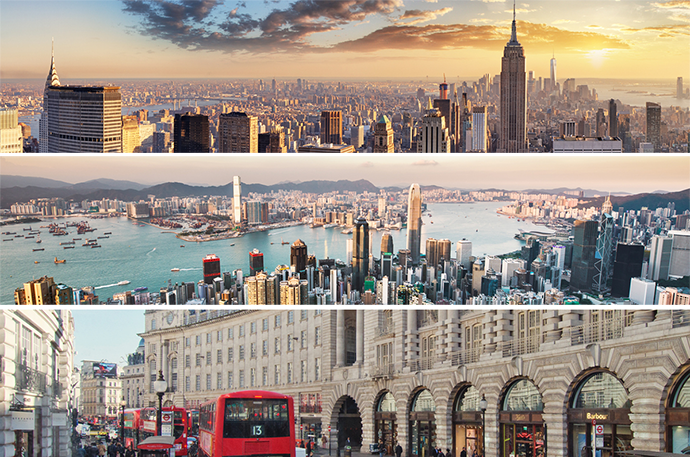 From top: New York, Hong Kong and London