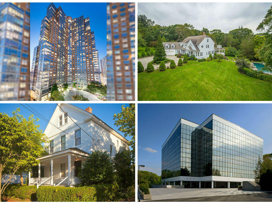 <em>Clockwise from top left: Partnership pays $295 million for Westchester's tallest residential building, Weston estate with an ‘unusual address’ hits the market for nearly $2 million, a Norwalk office building taps Avison Young to be its leasing agent and Valor Investments unloads a Fairfield office building to Doyle Insurance Group for $1.38 million.</em>