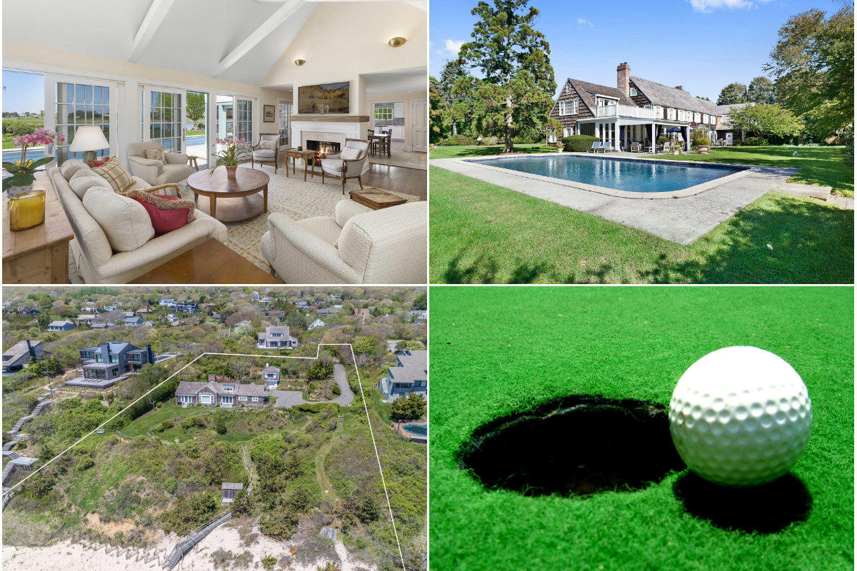 <em>Clockwise from top left: Waterside home in Water Mill lists for nearly $15M, a Douglas Elliman broker lists her Southampton home for $13.99M, Southampton seeks a consultant for a proposed East Quogue golf course and an oceanfront Montauk home sells for $7.85M.</em>