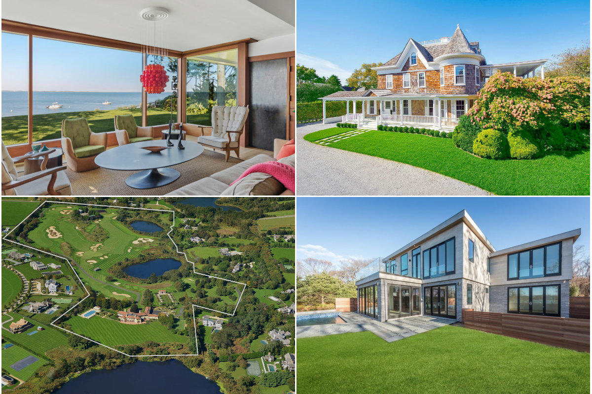<em>Clockwise from top left: A sleek bayfront home in East Hampton lists for $7.65 million; a Southampton village home built in 1895 sells for $10.6 million; a waterfront home in Southampton has its price cut to $6.5 million; and a Bridgehampton's Three Ponds Farm compound relists for $49 million.</em>
