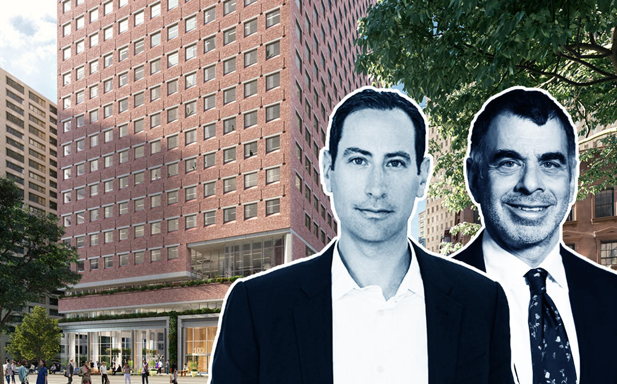 From left: 100 Pearl Street, GFP CEO Brian Steinwurtzel, and Mitchell Katz (Credit: GFP and NYC Health and Hospitals)