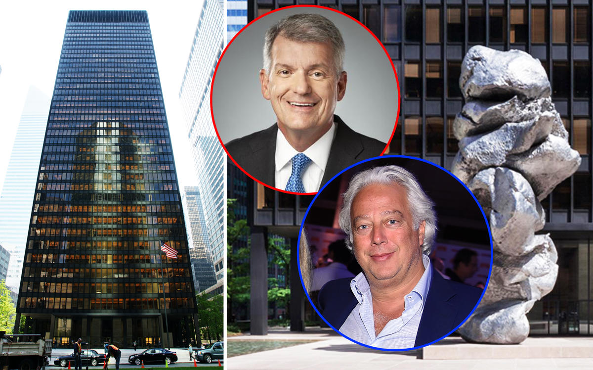 Wells Fargo CEO Tim Sloan (red) and Aby Rosen (blue) with 375 Park Avenue (Credit: Wells Fargo, Getty Images, and Wikipedia)