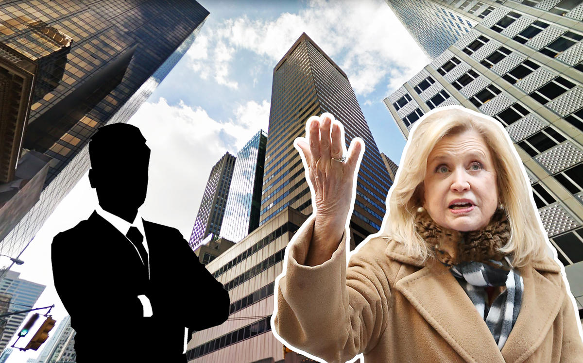 Congresswoman Carolyn Maloney with 650 Fifth Avenue and a silhouette (Credit: Getty Images, Google Maps, and Pixabay)