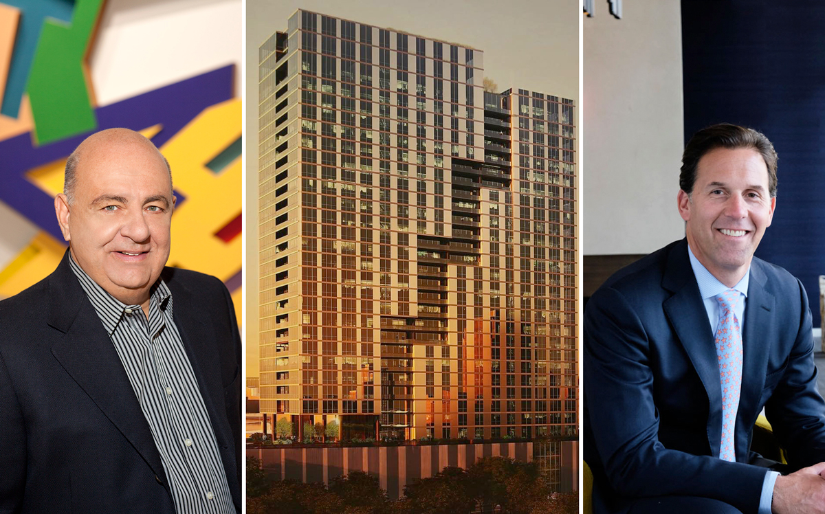 From left: Pizzuti CEO Ronald Pizzuti, a rendering of Pizzuti tower plan, and Related Midwest’s Curt Bailey (Credit: Garth's Auctions and Chicago Architecture)