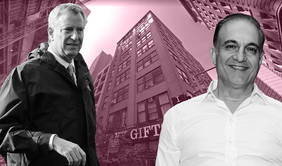 From left: Mayor Bill de Blasio, 110 Greenwich Street, and Hersel Torkian of Torkian Group (Credit: Getty Images and Google Maps)