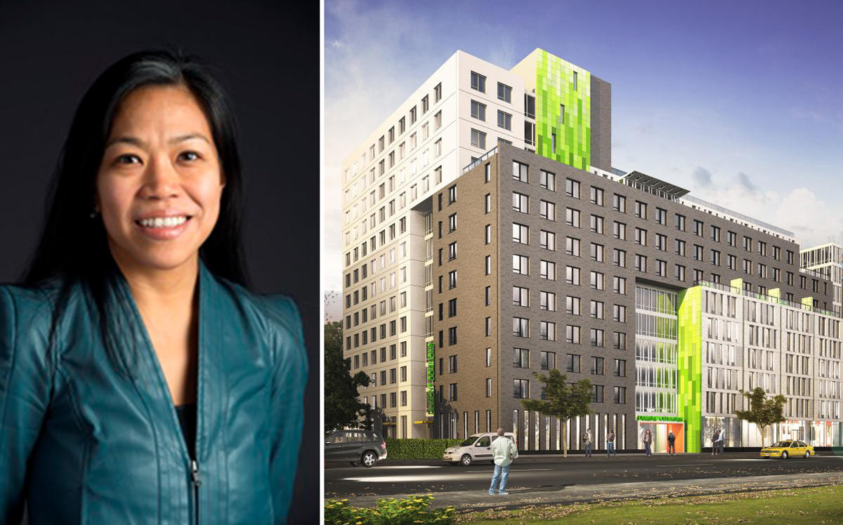 A rendering of 405 Dumont Avenue and HPD commissioner Maria Torres-Springer (Credit: SLCE Architects)