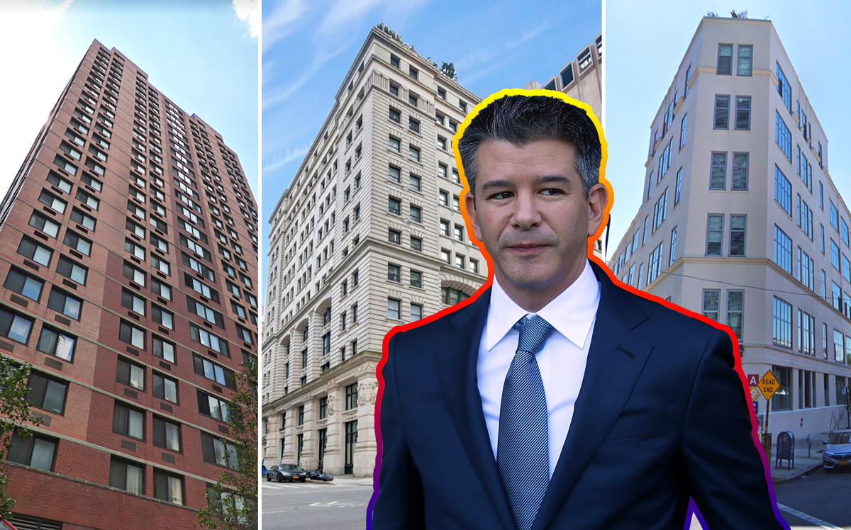 From left: 376 Broadway, 66 Leonard Street, Travis Kalanick, and 27-28 Thomson Avenue in Queens (Credit: Google Maps and Getty Images)