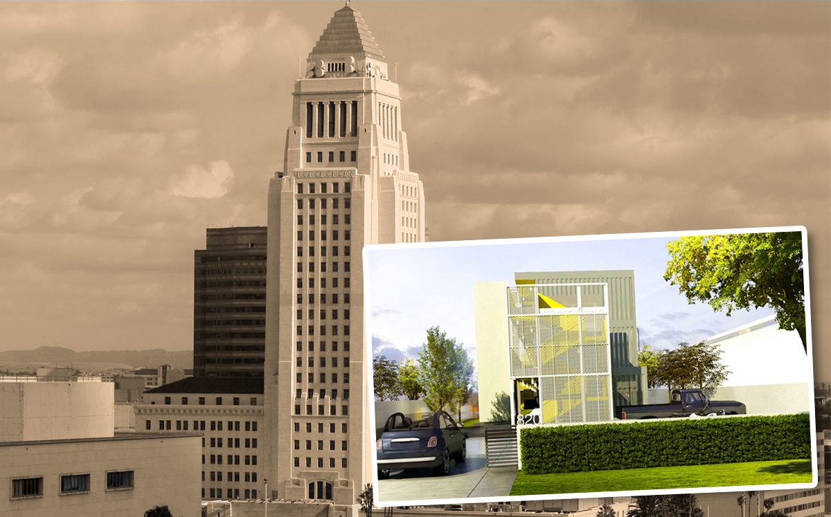 A rendering of an under-construction FlyawayHomes prefab project in South LA and LA City Hall (Credit: Wikipedia)