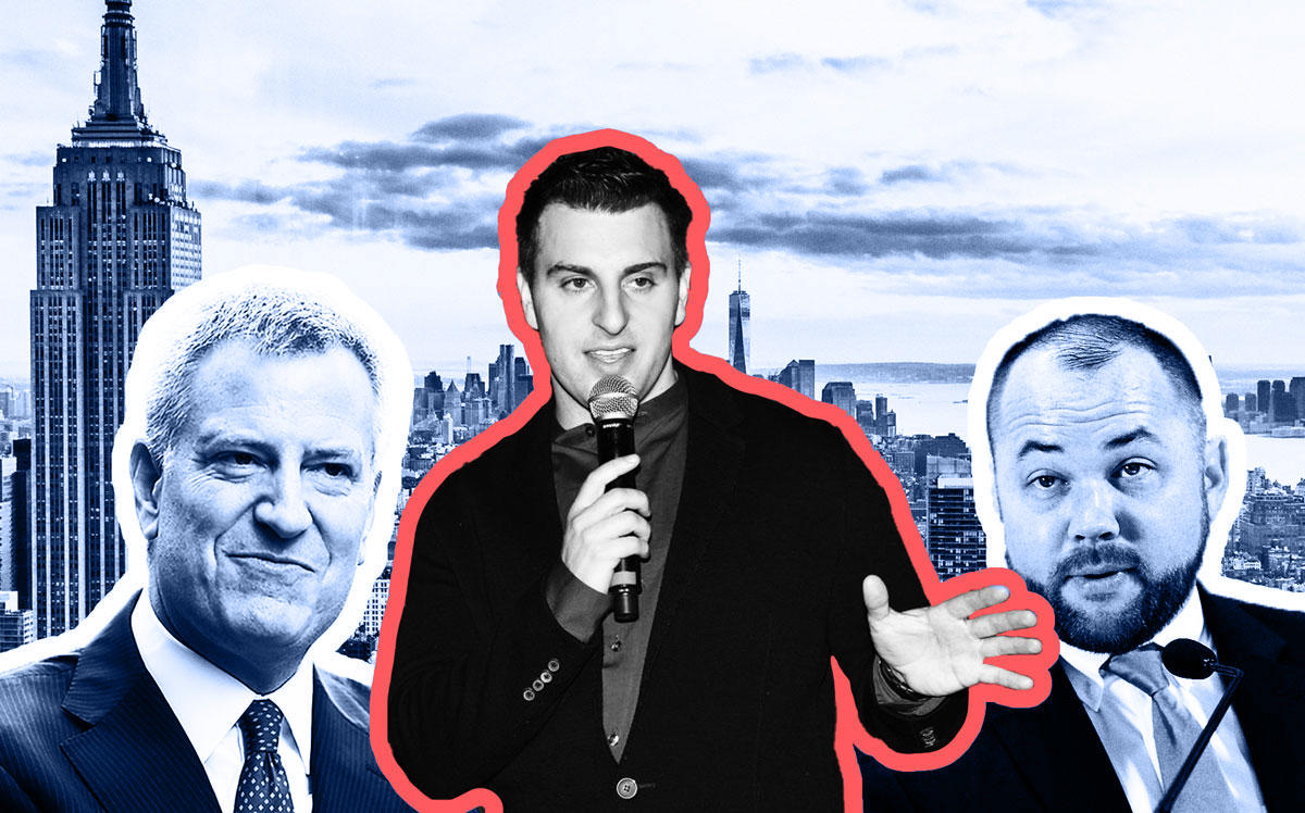 From left: Mayor Bill de Blasio, Brian Chesky, and Corey Johnson (Credit: Getty Images)