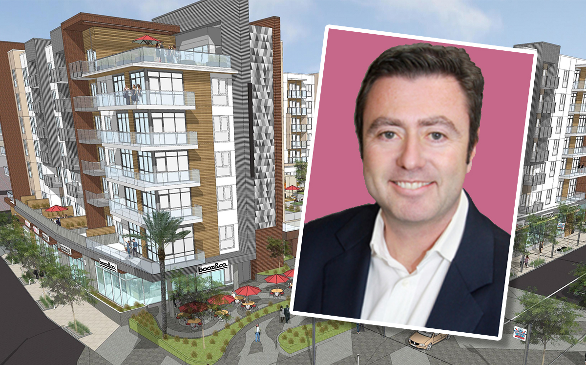 Century West Partners Principal Michael Sorochinsky and a rendering of the firm's planned project in Monrovia (Credit: Century West Partners)