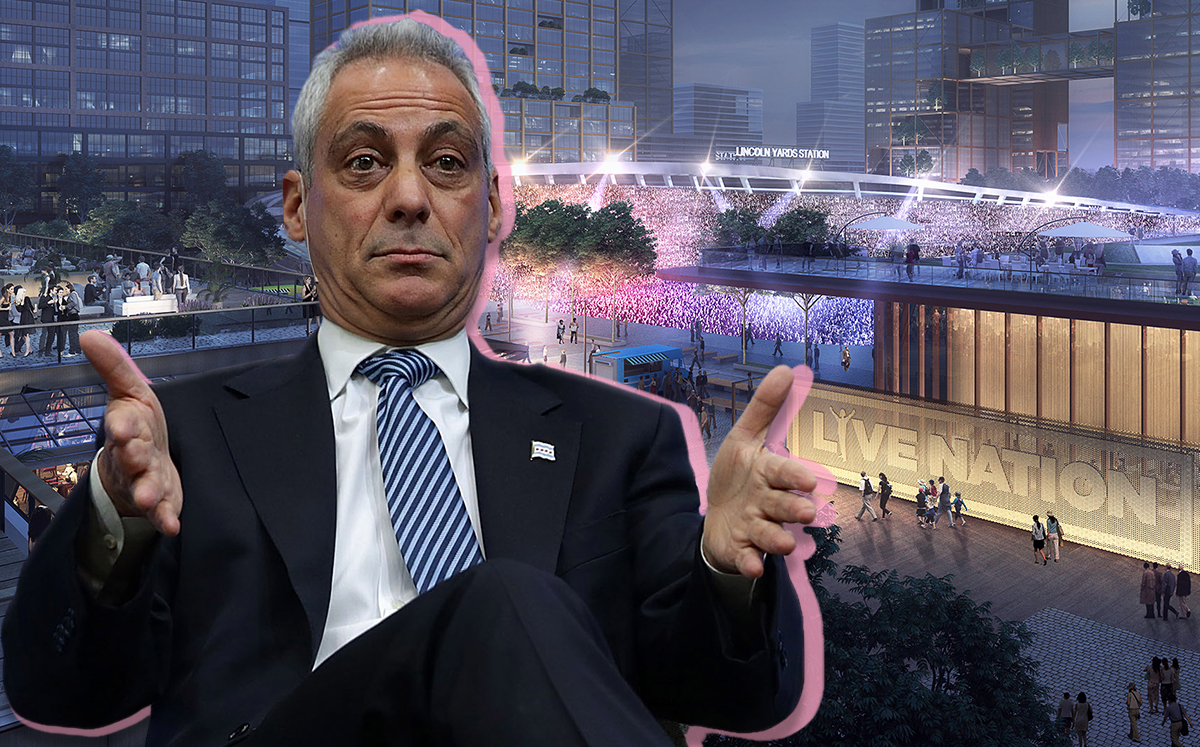 Chicago Mayor Rahm Emanuel and a rendering of Sterling Bay's soccer stadium (Credit: Getty Images)