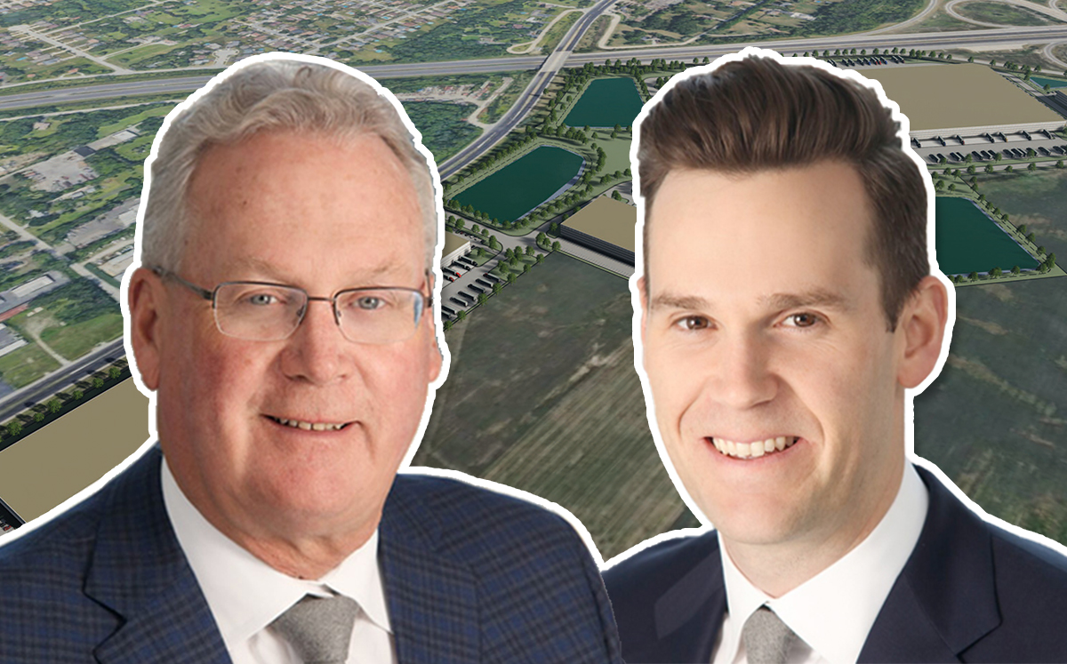 From left: James Martell, CEO of Logistics Property Company, and Aaron Martell, Logistics Property Company executive Vice President for the Midwest Region, with an aerial rendering of the Country Club hills facility (Credit: Logistics Property Company)