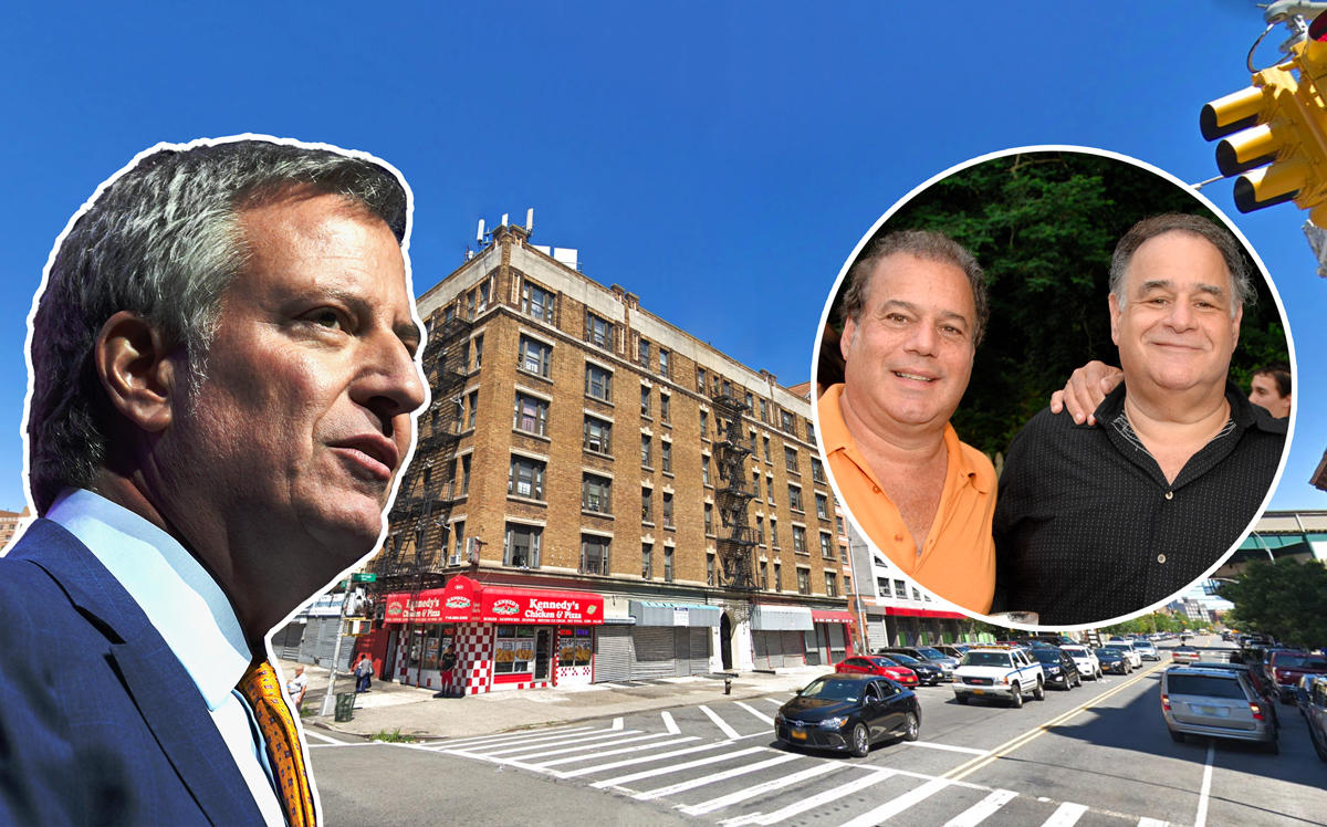 From left: Mayor Bill de Blasio, one of the buildings at 941 Intervale Avenue in the Bronx, and Stuart and Jay Podolsky (Credit: Getty Images and Google Maps)
