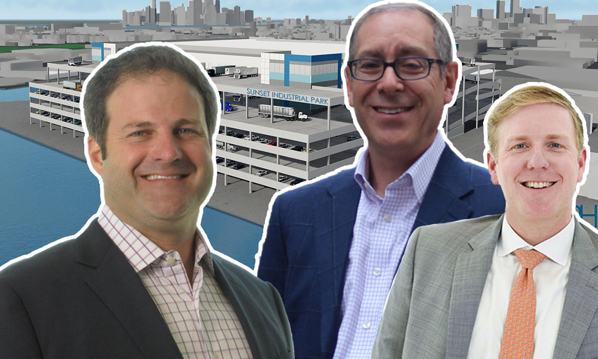 From left: Bridge Development Partners' Tony Pricco, Dov Hertz, Banner Oak's Aaron Murff and a rendering of Sunset Industrial Park at 75-81 20th Street in Brooklyn (Credit: Bridge Development and Banner Oak)