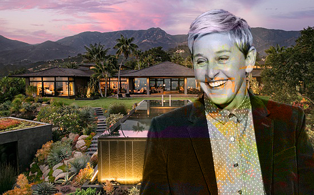 Ellen Degeneres and her new home at 2955 East Valley Road, Santa Barbara (Credit: Getty Images and Zillow)