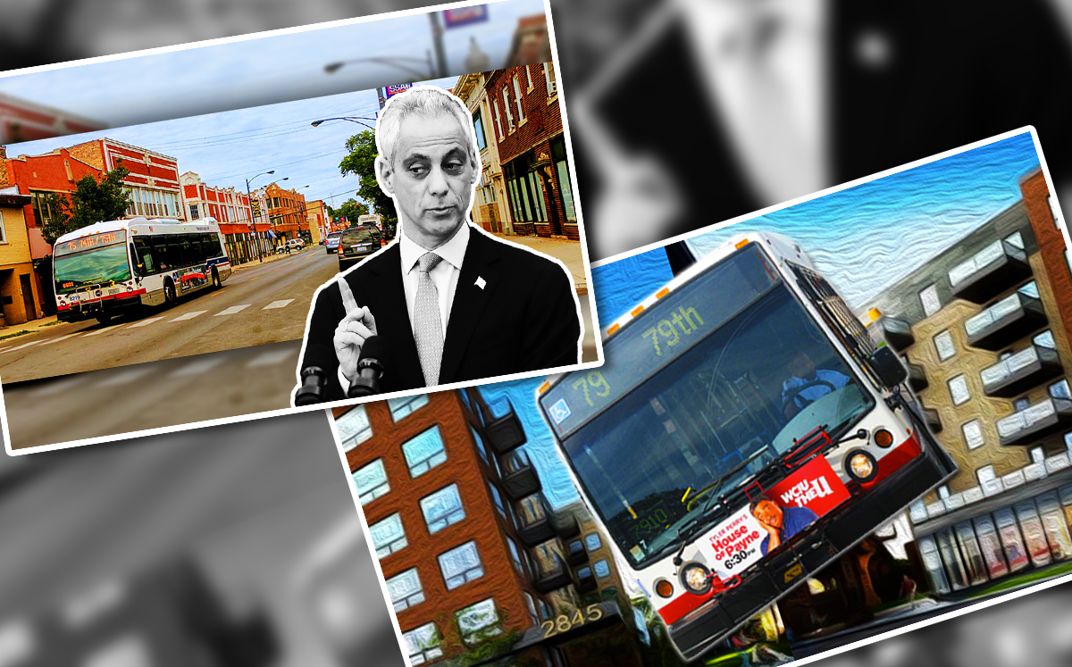 From left: A CTA bus and Mayor Rahm Emanuel, and The Inland Group’s planned 100-unit development in Logan Square and the 79th Street CTA bus (Credit: Getty Images, Chicago Transit Authority and David Wilson via Flickr)