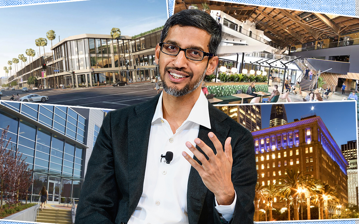 From top left, clockwise: Westside Pavilion rendering, Google CEO Sundar Pichai, Spruce Goose rendering, The Landmark @ One Market Street, and Britannaia Shoreline Technology Park (Credit: Getty Images, Curbed LA, American Assets Trust, and PMA)