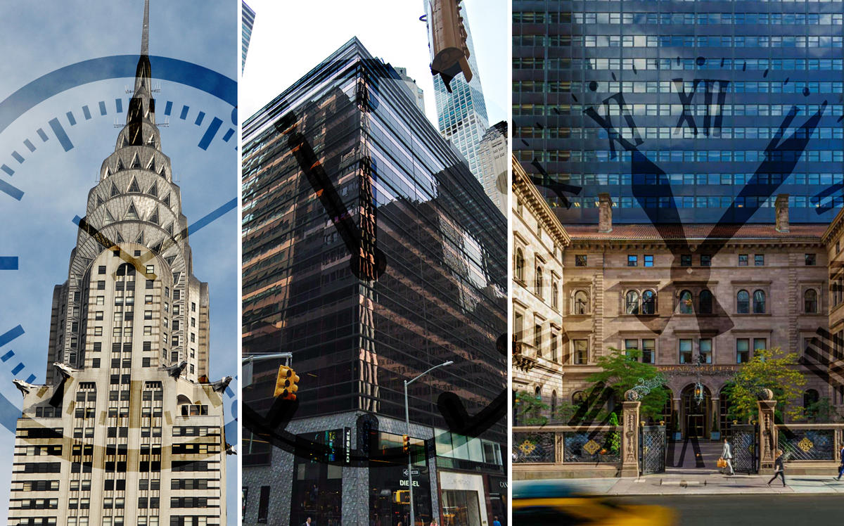 From left: Chrysler Building at 405 Lexington Avenue, 625 Madison Avenue, and Lotte New York Palace Hotel at 455 Madison Avenue (Credit: Pixabay and Google Maps)