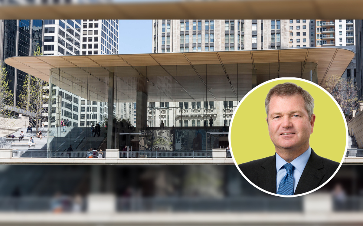 Invesco CEO Martin Flanagan and the Apple store at 401 North Michigan Avenue  (Credit: David Brossard via Flickr)