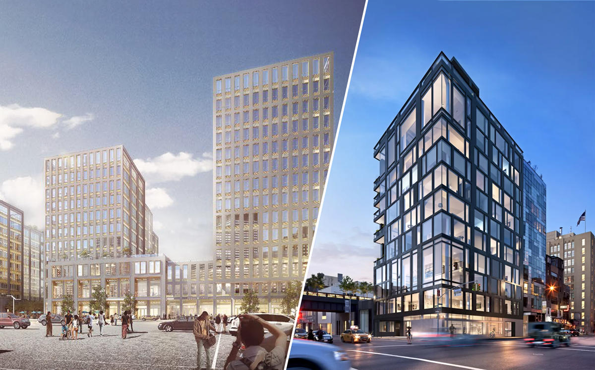 A rendering of 90-02 168th Street in Queens and the Getty at 501 West 24th Street (Credit: BRP Companies Wharton Properties via YIMBY and Curbed NY)