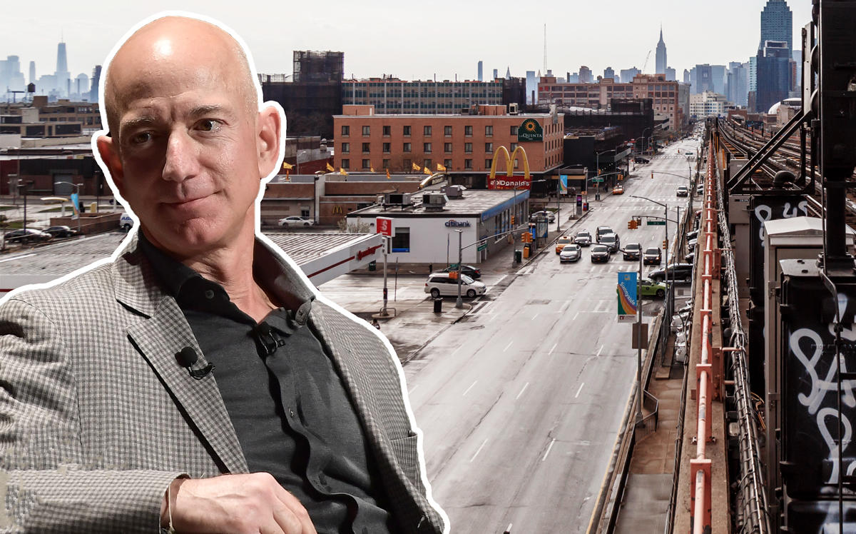 Jeff Bezos and Long Island City (Credit: Getty Images and John Gillespie via Flickr)
