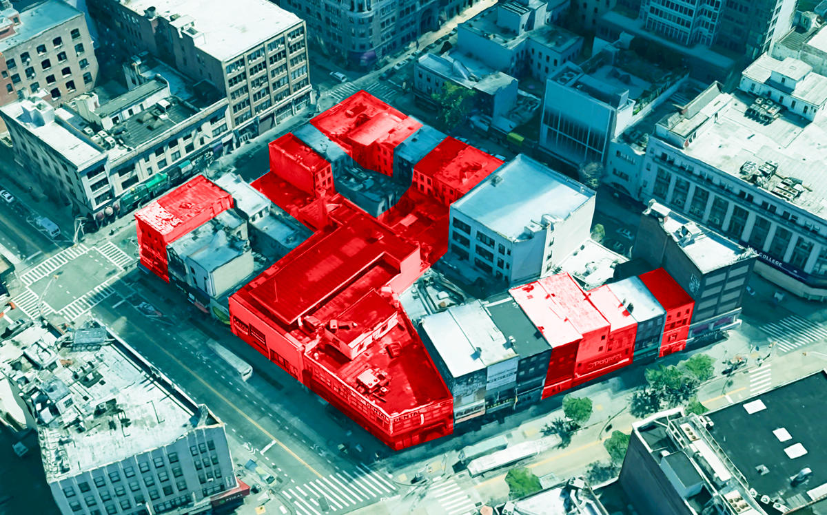 An aerial of the block of Fulton, Jay, Willoughby and Lawrence Streets with United American Land's buildings highlighted (Credit: Google Maps)