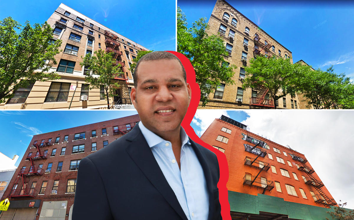 Clockwise from top left: 200 Morris Avenue, 1975 Walton Avenue, 184 Walton Avenue, and 61 East Tremont Avenue in the Bronx with NCV Capital Partners' Keith Gordon (Credit: Google Maps)