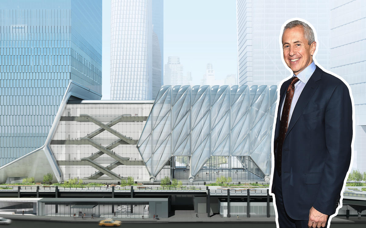 A rendering of The Shed at 545 West 30th Street and Danny Meyer (Credit: Diller Scofidio and Getty Images)