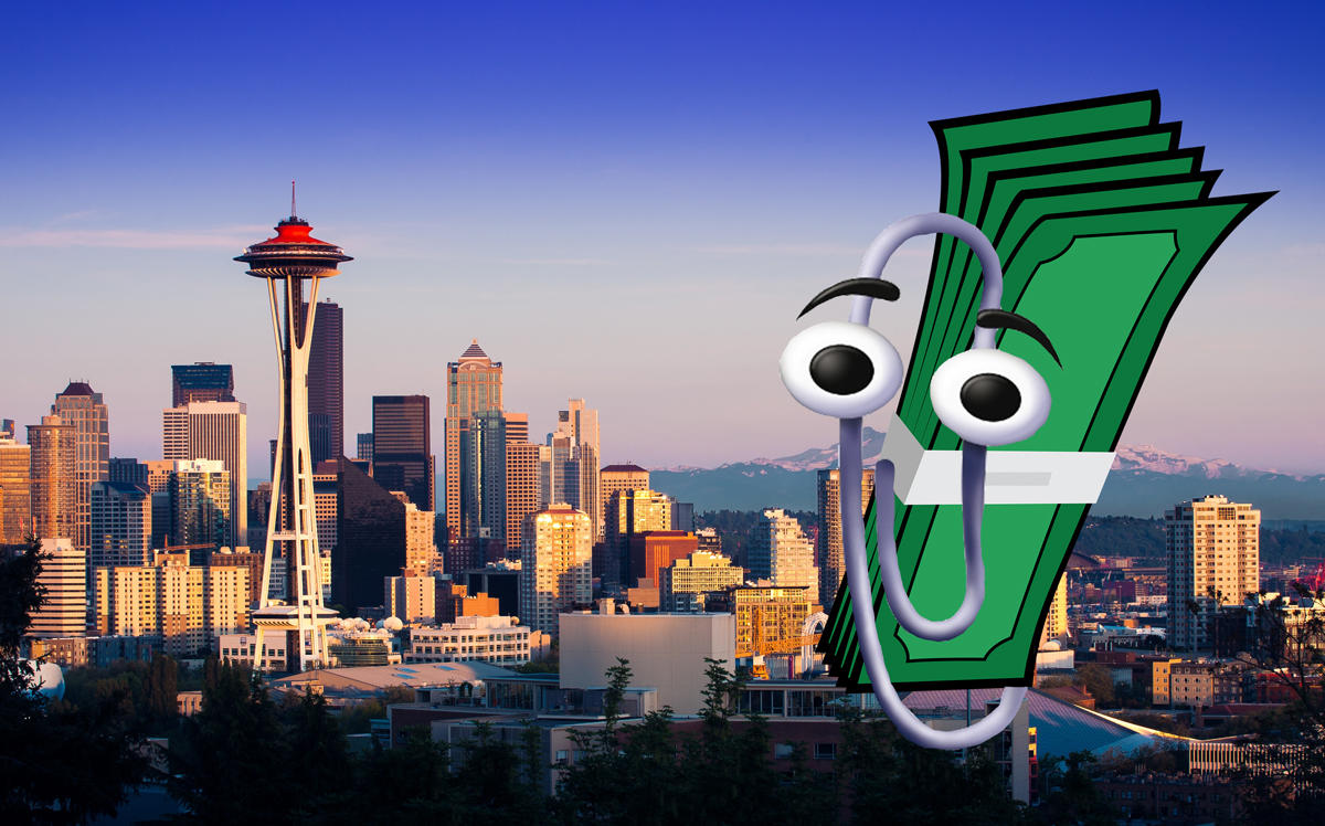 Clippy holding a bunch of money in Seattle (Credit: Unsplash and Pixabay)