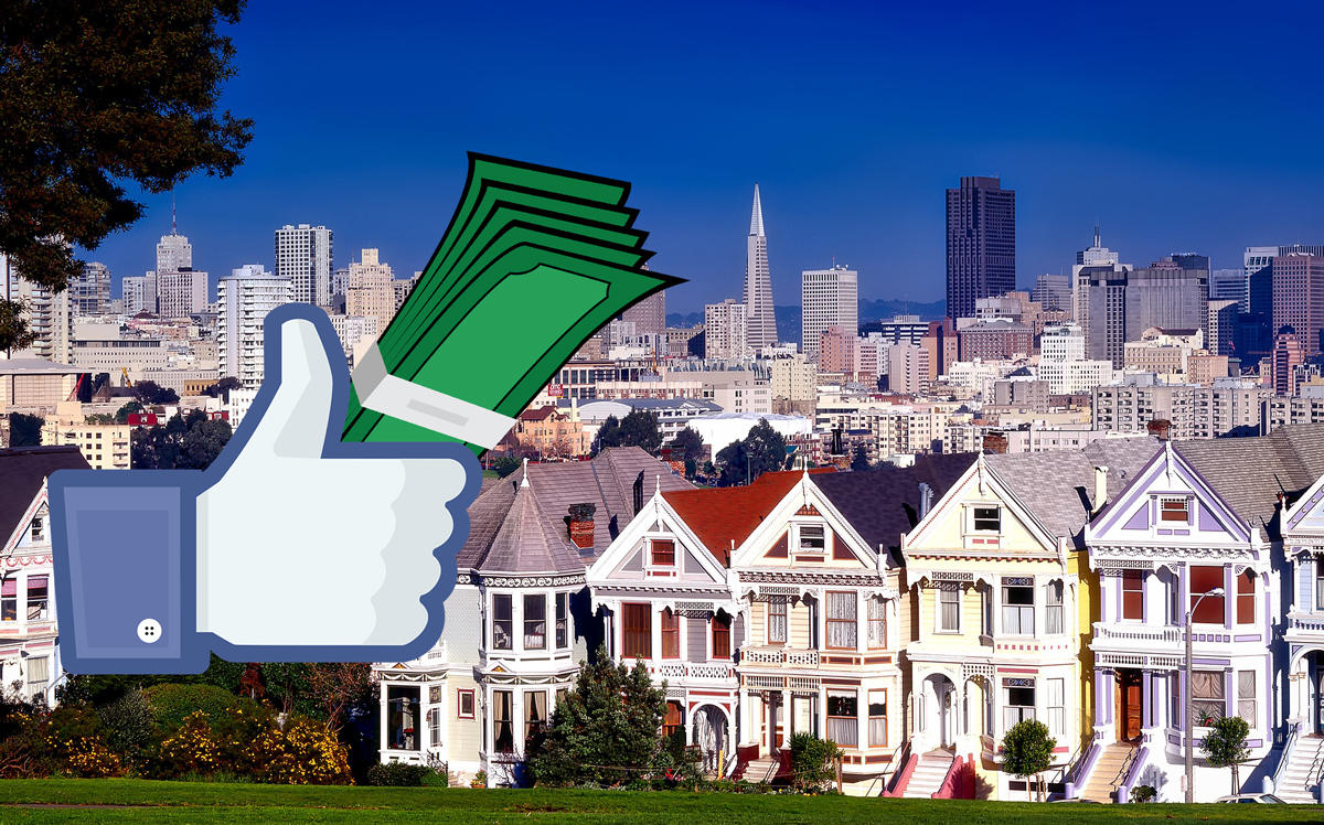 San Francisco and the Facebook like button holding cash (Credit: Wikipedia and Pixabay)