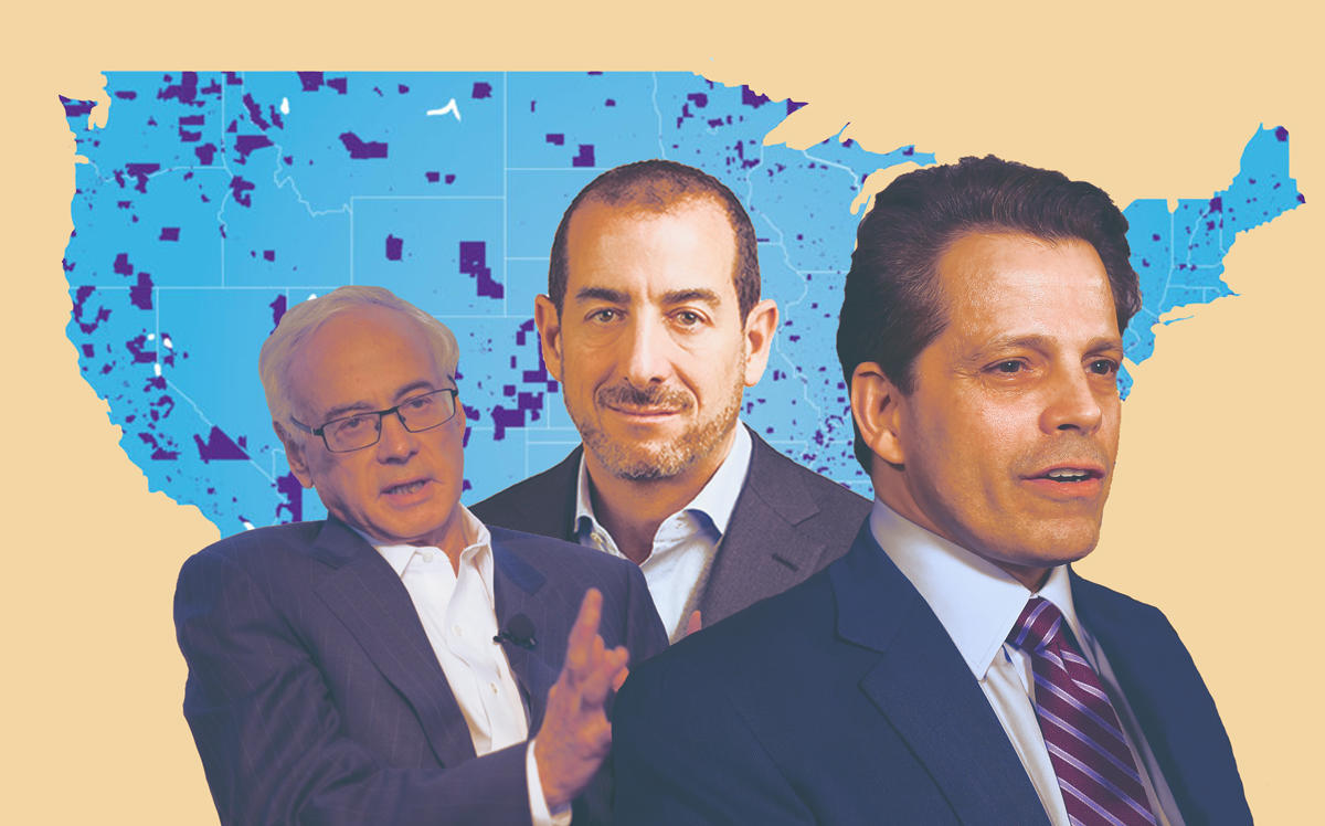 From left: EJF's Manny Friedman and SkyBridge's Brett Messing and Anthony Scaramucci (Credit: HFM Global, SkyBridge Capital, and Getty Images)