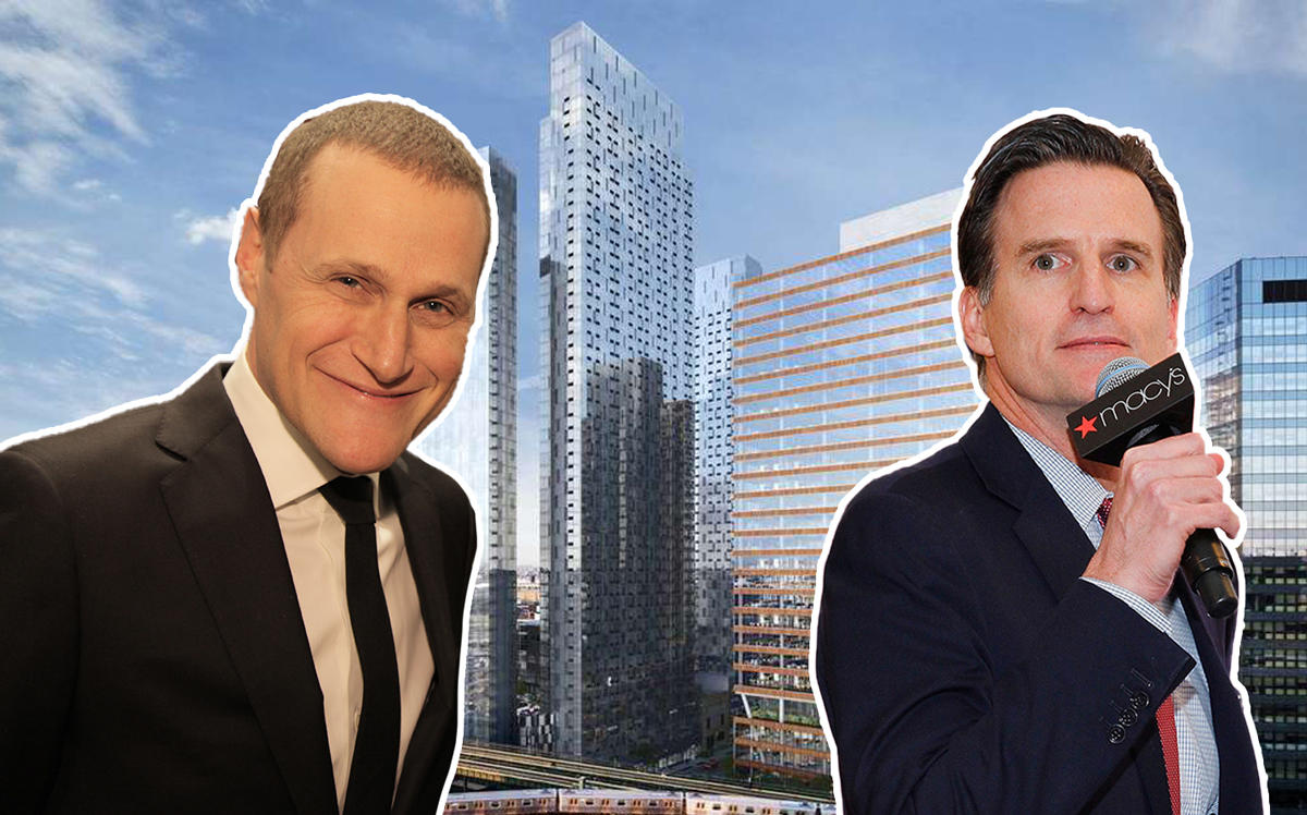 From left: Rob Speyer, the JACX at 28-10 Queens Plaza South in Long Island City, and Macy's CEO Jeffrey Gennette (Credit: Getty Images and CityRealty)