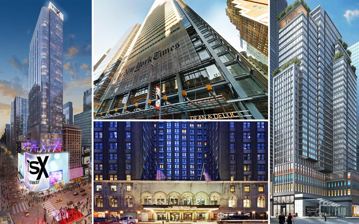 Clockwise from left: renderings of 701 Seventh Avenue, 620 Eighth Avenue, a rendering of 185 Broadway, and 870 Seventh Avenue (Credit: ArX Solutions, Google Maps, LoopNet, and Booking)