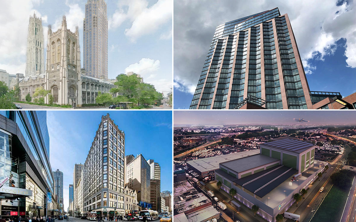 Clockwise from left: 100 Claremont Avenue, One Bell Slip in Brooklyn, 130-02 South Conduit Avenue in Queens, and 1841 Broadway (Credit: Robert A.M. Stern Architects, Handel Architects, Terminal Logistics, and Global Holdings) 