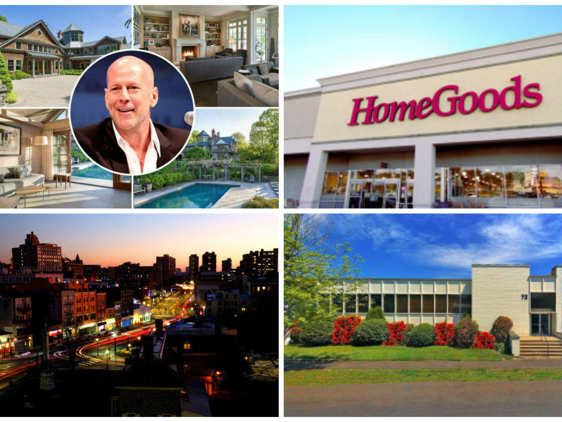 <em>Clockwise from top left: Bruce Willis and his wife list their Bedford estate for $13M, Mount Kisco HomeGoods store hits the market for $7.45M, LLC sells industrial flex building in Stamford for $4.875M, and Yonkers landlord arrested for violations as city cracks down on ‘deadbeat owners.'</em>