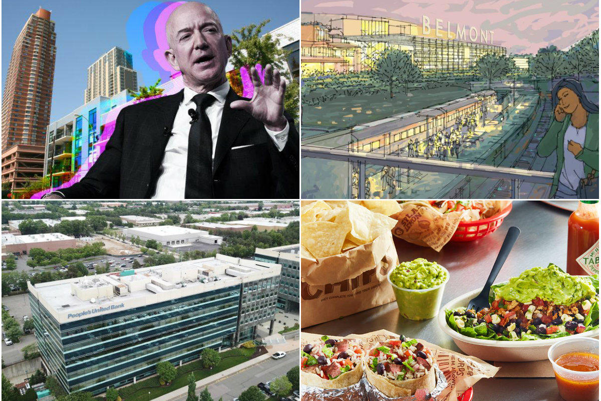<em>Clockwise from top left: Nassau County's IDA hopes to exploit Amazon's HQ2, $1B Belmont Park arena project faces opposition in first public hearings, Sayville Plaza gets new life with Chipotle and health clinic tenants and a 210,000-square-foot building in Hauppauge sells for $32M.</em>