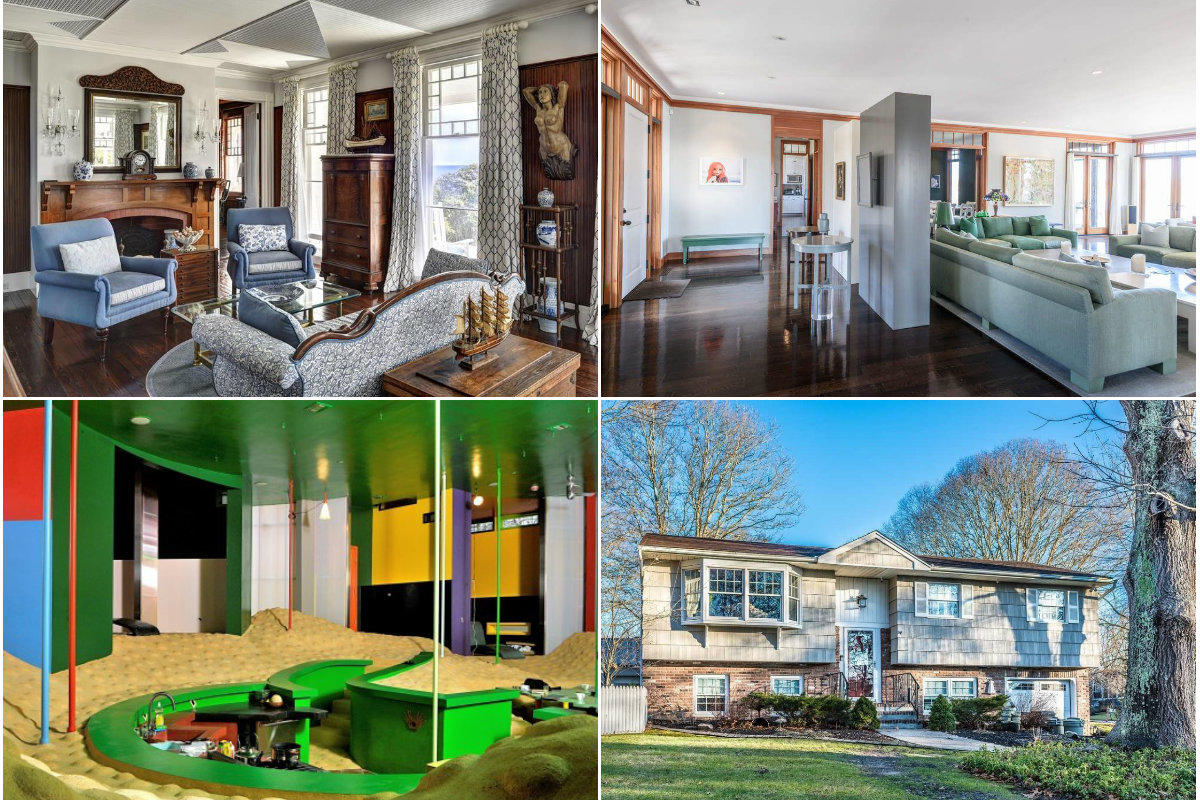 <em>Clockwise from top left: Dick Cavett's Montauk estate gets $15M price cut, a Water Mill home's ask has been slashed by $9M during its two years on the market, Suffolk County’s median home price jumped 5.3 percent in December and an East Hampton home that claims to extend life has its price cut by $1M.</em>