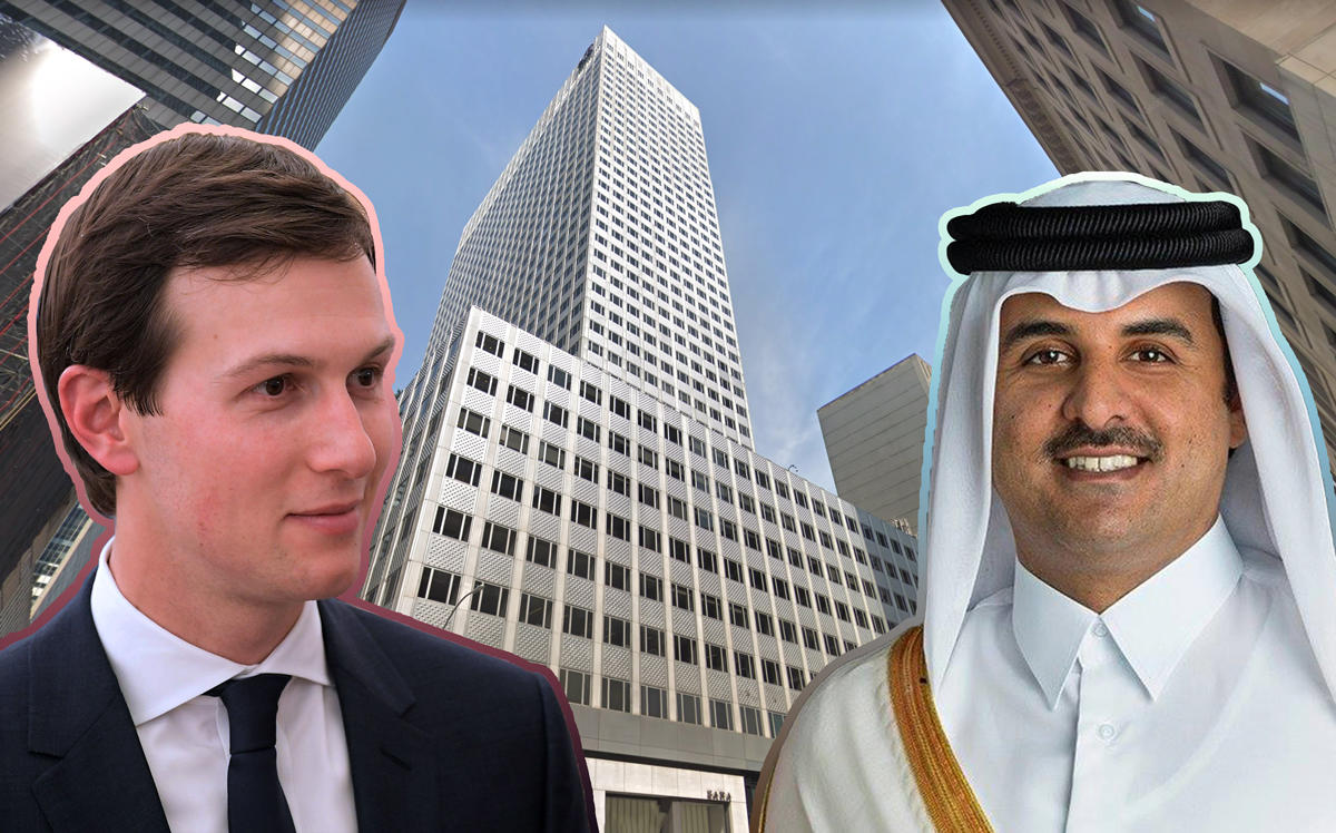From left: Jared Kushner, 666 Fifth Avenue, and Sheikh Tamim bin Hamad Al Thani (Credit: Getty Images, Google Maps, and Facebook)