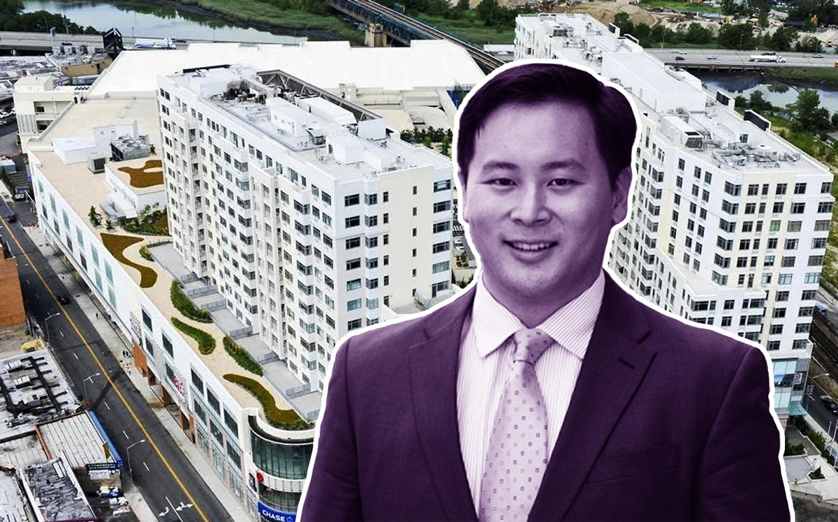 Ron Kim and the Grand Sky View Parc condo at 40-26 College Point Boulevard in Queens (Credit: Wikipedia and CityRealty)