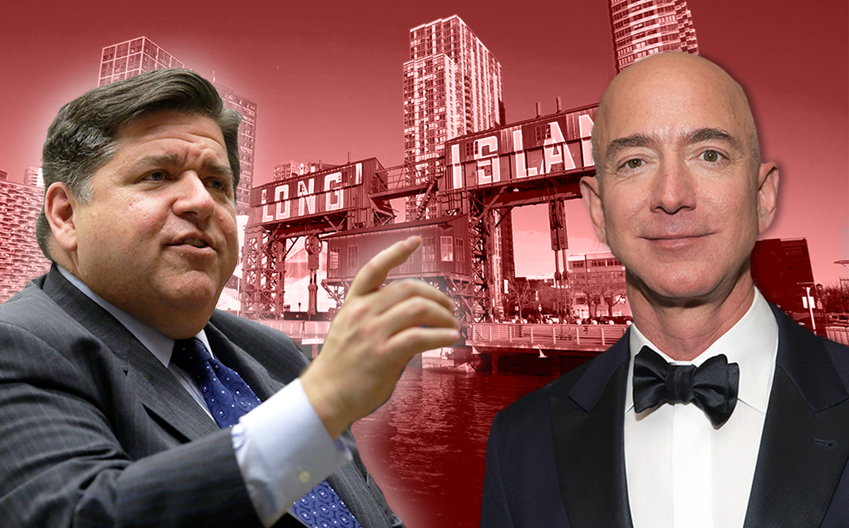 Governor J.B. Pritzker and Jeff Bezos with a picture of Long Island City (Credit: Getty Images and iStock)