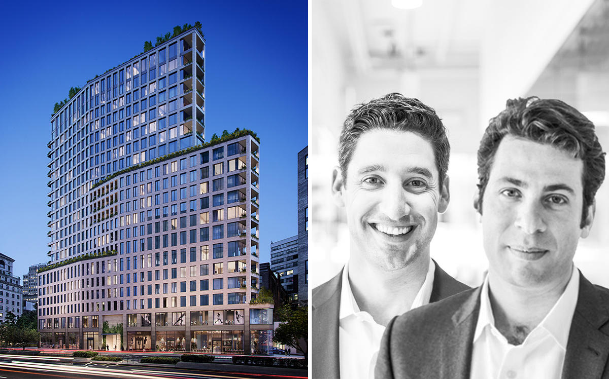 A rendering of One Boerum Place in Brooklyn with Avi Fisher and Brian Ezra (Credit: CityRealty and Avery Hall Investments)