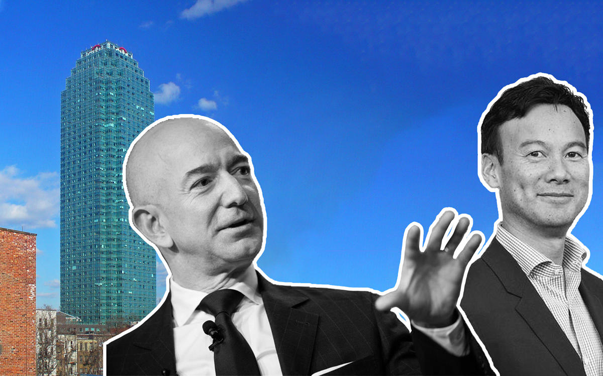 From left: One Court Square in Long Island City, Jeff Bezos, and Altice's Dexter Goei (Credit: Wikipedia, Getty Images, Facebook)