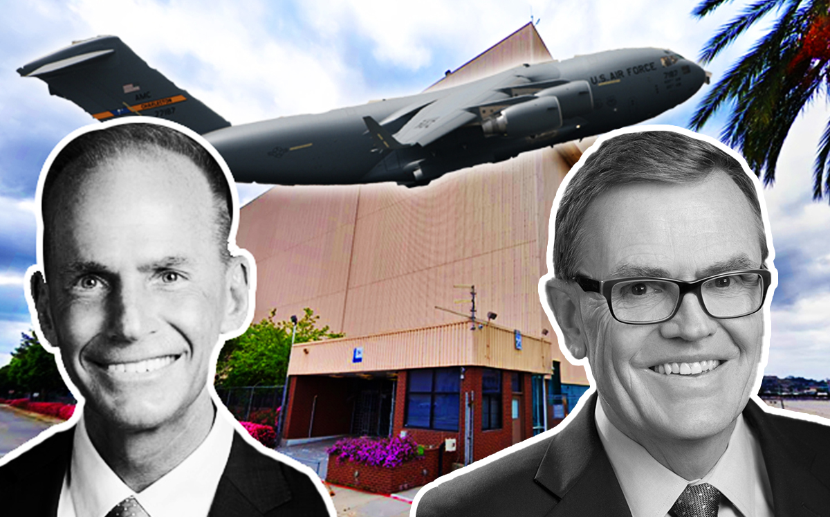 A Boeing C-17 Globemaster and the main assembly building at Boeing’s Long Beach property with CEO Dennis A. Muilenburg and UPS CEO David Abney