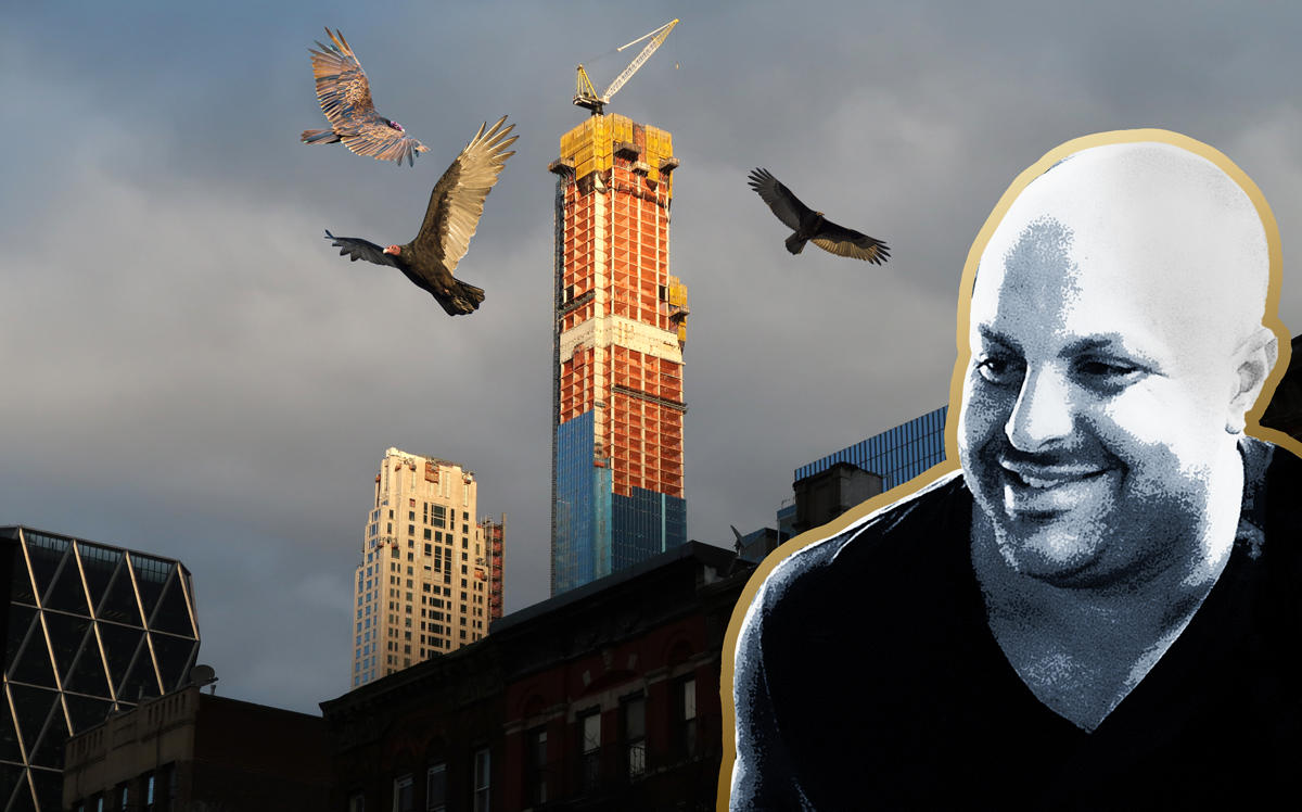 Churchill Real Estate Holdings' Justin Ehrlich with vultures flying at a half finished condo project in New York City (Credit: Getty Images and Pixabay)