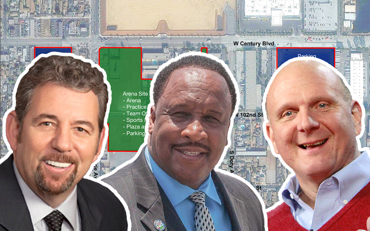 From left: James Dolan, Steve Ballmer, and James Butts with a map of the proposed site