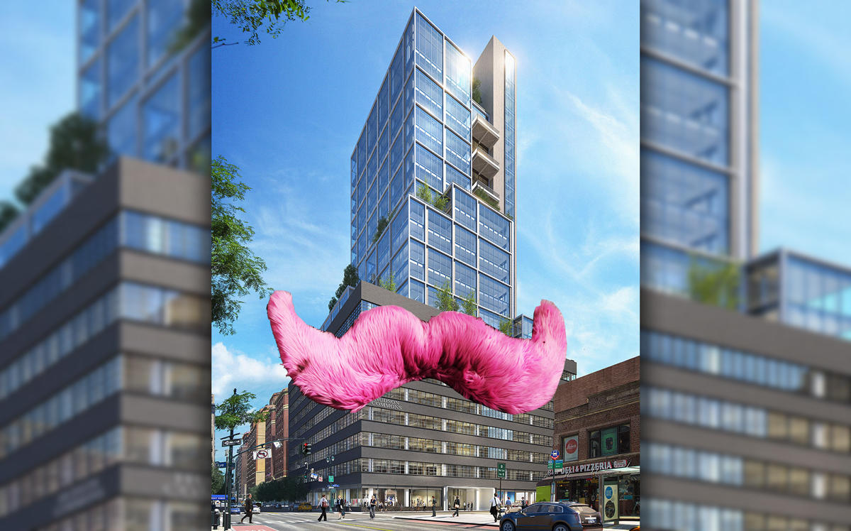 A rendering of 441 Ninth Avenue with the Lyft mustache (Credit: Cove and Wikipedia)